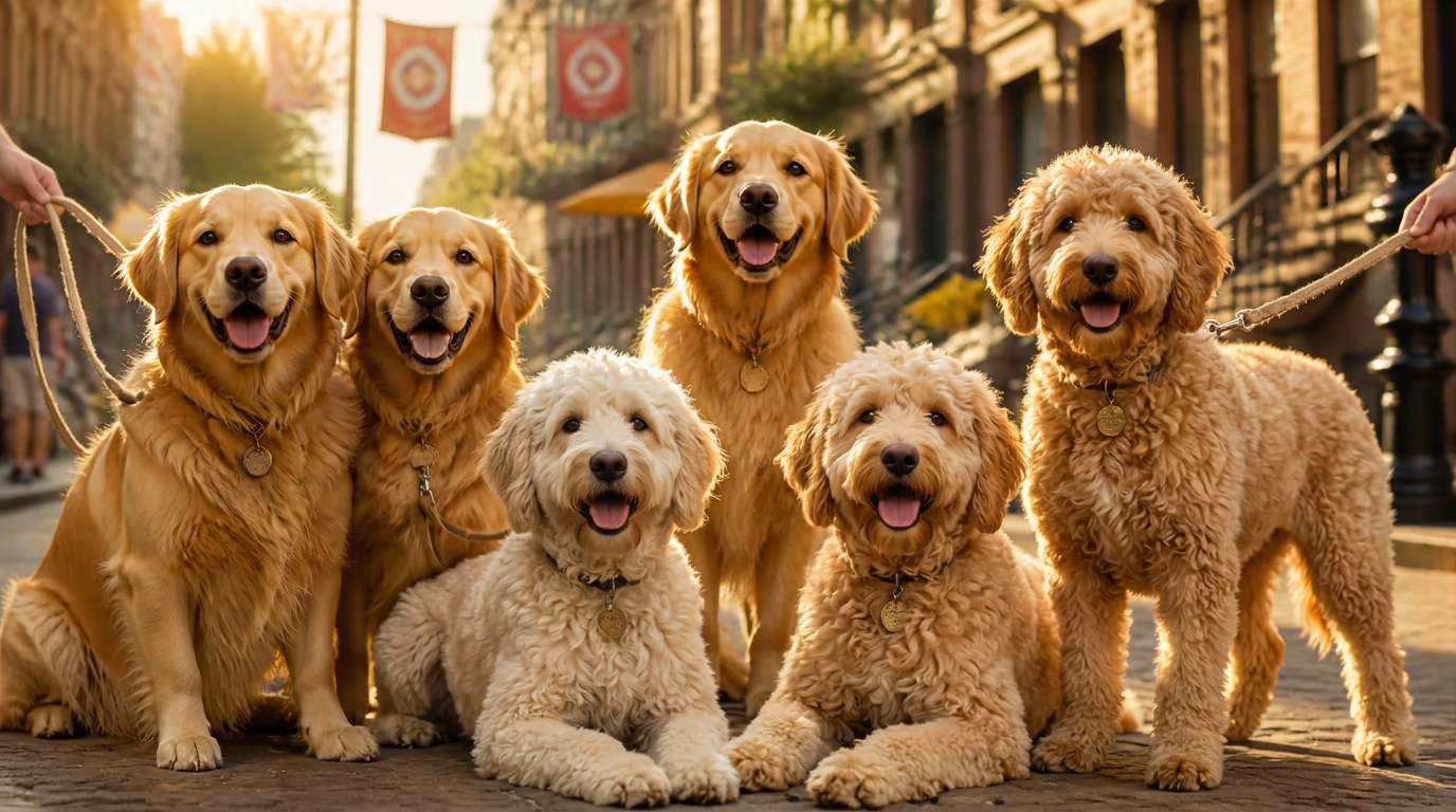 A group of happy Golden Retrievers and Golden Doodles gathered together on a sunlit Lark Street